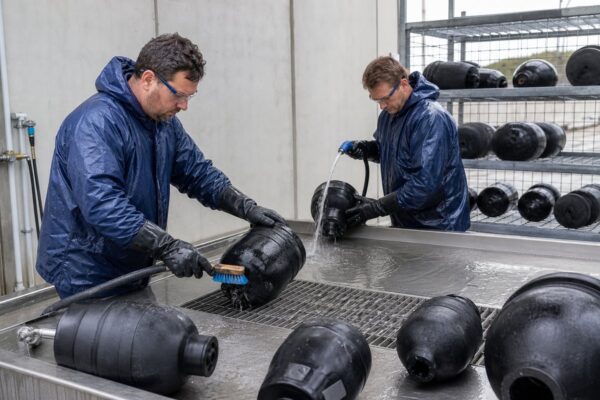 Escena IA de limpieza de obturadores tras agua residual